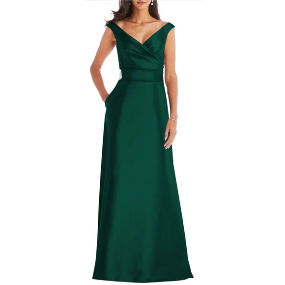 Alfred Sung D811 Off the Shoulder Satin Gown Dress Hunter Green Size 8